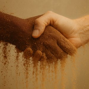Two hands mid-handshake dissolving into sand, symbolizing the erosion of civic trust and disconnection in modern society.