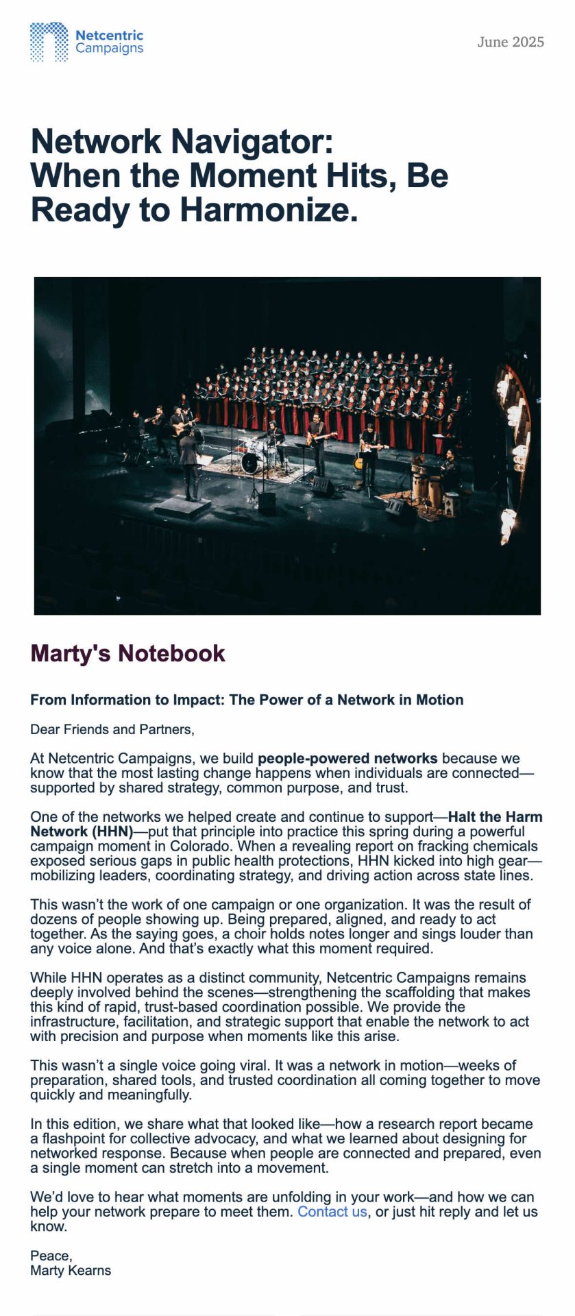 Screenshot of the June 2025 Netcentric Campaigns Newsletter, highlighting lessons from the Halt the Harm Network on turning breaking news into collective action.