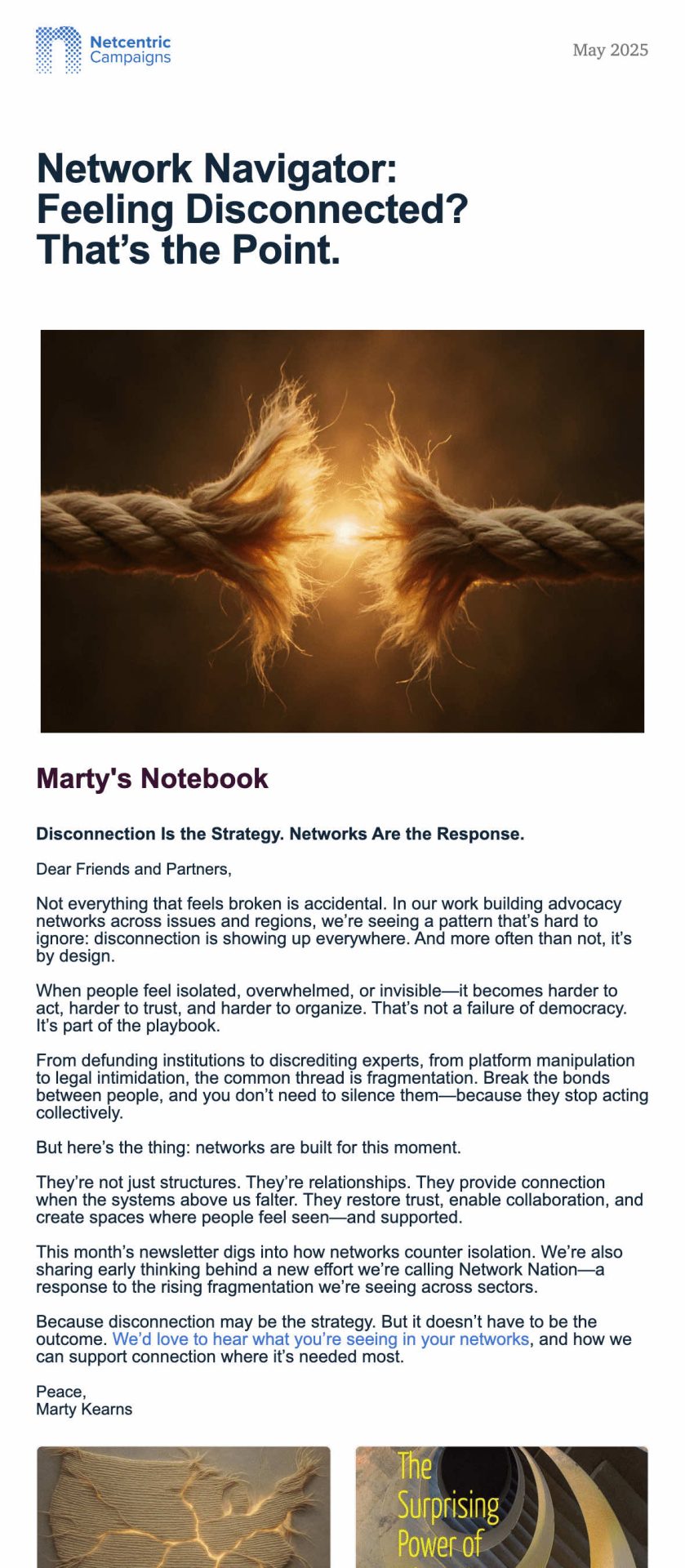Screenshot of the May 2025 Netcentric Campaigns Newsletter, discussing how advocacy networks can counter intentional social fragmentation.