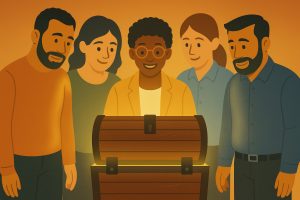 a group standing behind a treasure chest, finding hidden expertise