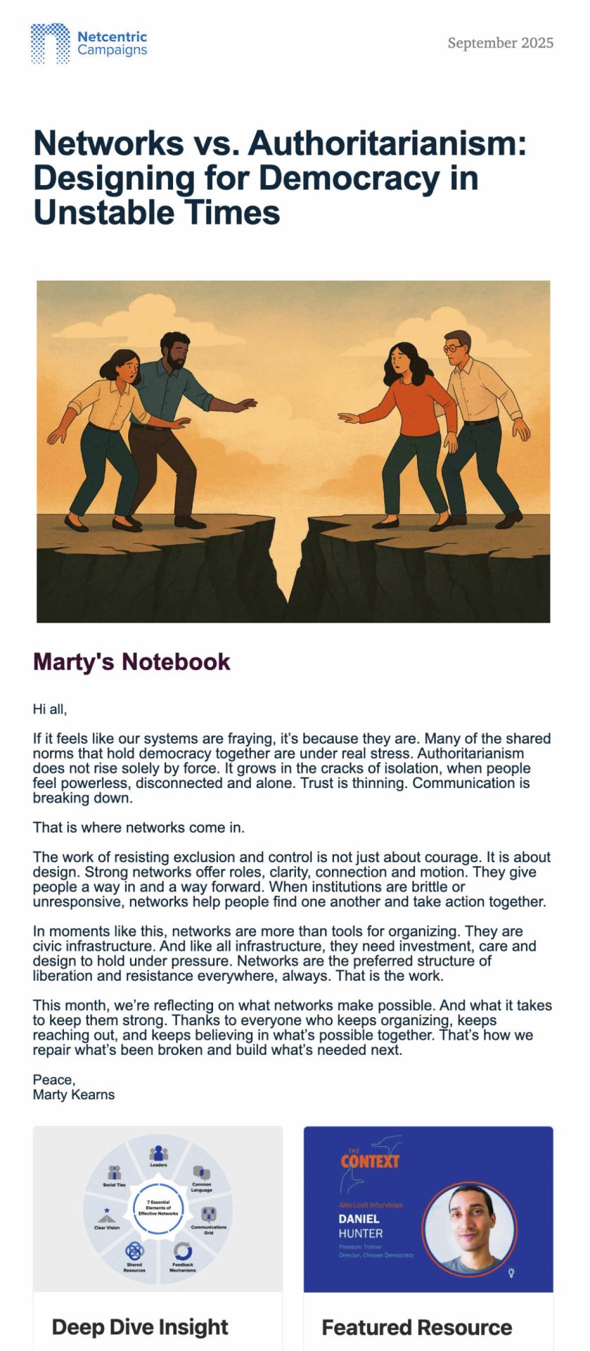 Screenshot of the September 2025 Netcentric Campaigns Newsletter, exploring how strong, people-powered networks resist authoritarianism and support democracy in times of civic uncertainty.