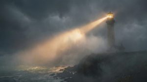 A lighthouse shining a guiding beam through heavy coastal fog, representing the power of networks to provide clarity and collective sense-making in a polluted information landscape.