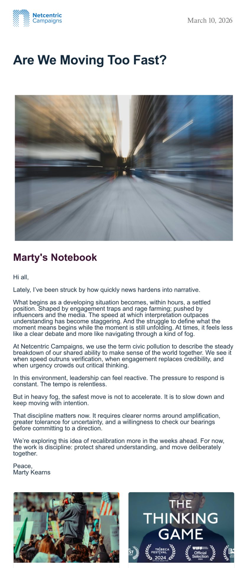 Screenshot of the March 2026 Netcentric Campaigns Newsletter exploring how accelerating information cycles, civic pollution, and emerging technologies are shaping public trust and why networks may need to slow down and recalibrate their responses.