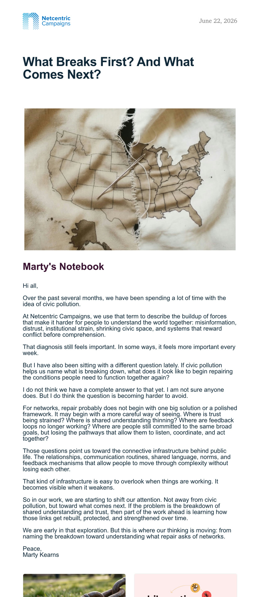 June 2026 Netcentric Campaigns Newsletter, focusing on the shift from naming civic pollution to understanding what repair asks of advocacy networks.