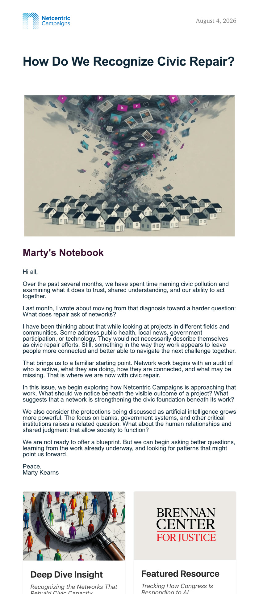 August 2026 Netcentric Campaigns Newsletter, focusing on recognizing civic repair and the networks that rebuild civic capacity in advocacy networks.
