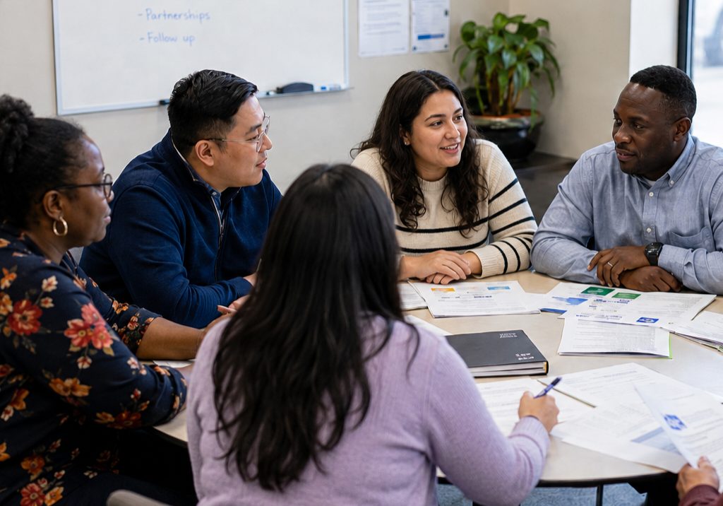 Community organizers collaborate around a round table with no head, reflecting distributed leadership in advocacy networks