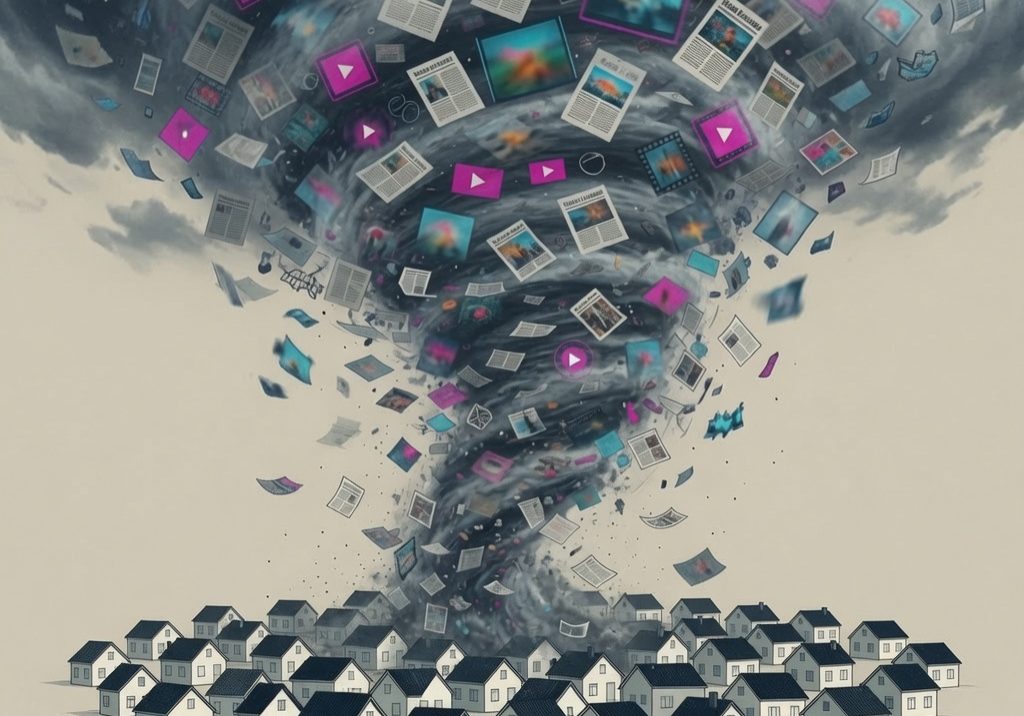 Swirl of media, video, and other data descending on a local community, symbolizing AI-driven information overload