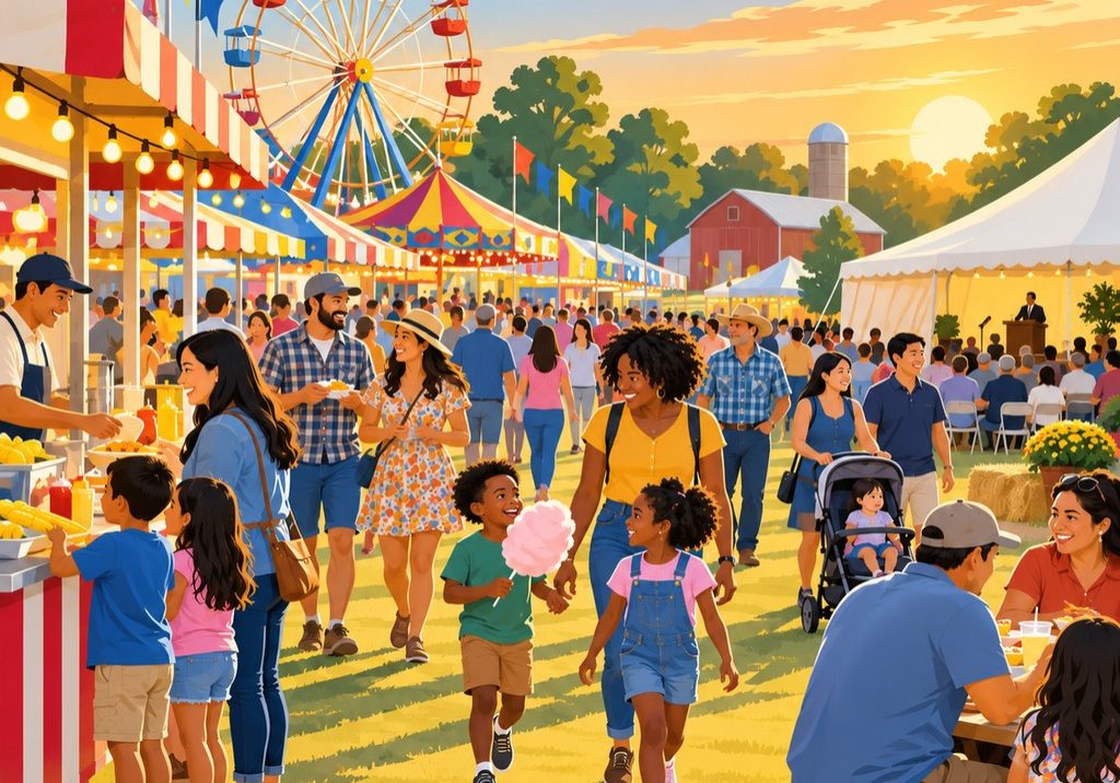 A bustling county fair at sunset with a Ferris wheel and families gathering, evoking shared civic ground