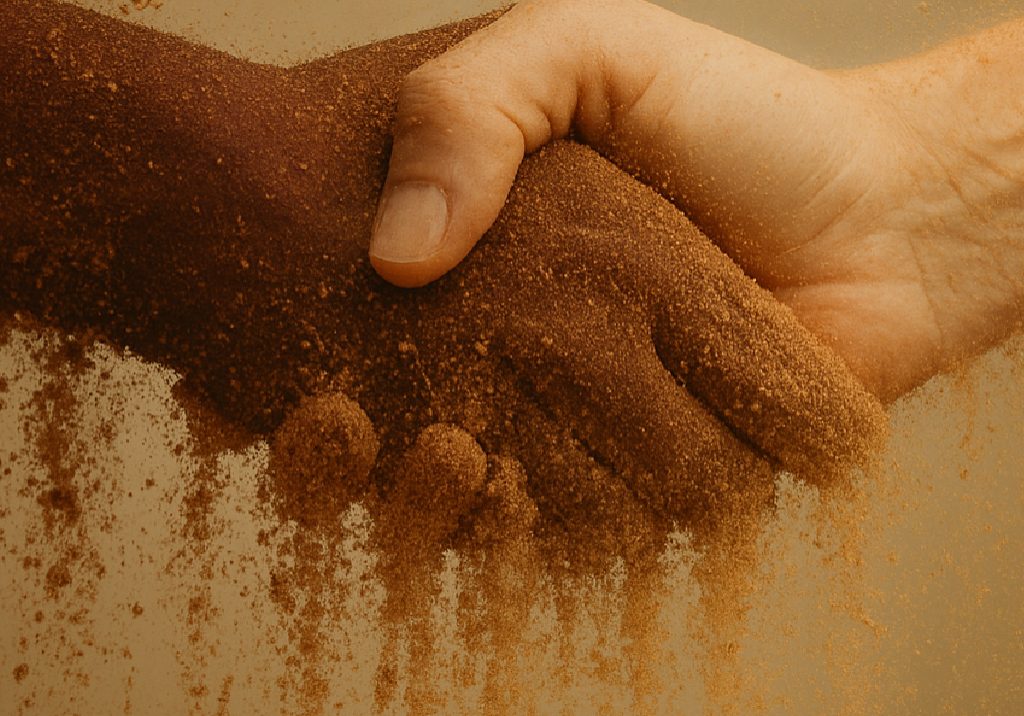 Two hands mid-handshake dissolving into sand, symbolizing the erosion of civic trust and disconnection in modern society.