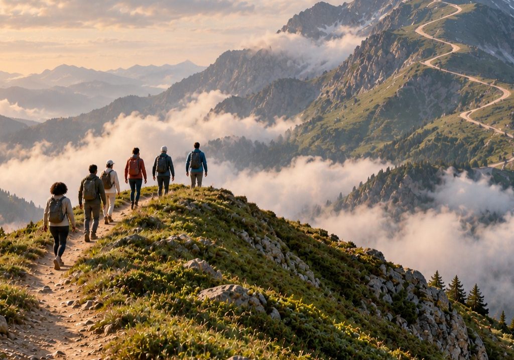 Hikers walking single file along a mountain ridge in golden light, a connected group moving together toward distant peaks