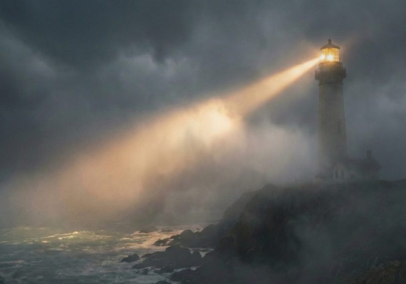 A lighthouse shining a guiding beam through heavy coastal fog, representing the power of networks to provide clarity and collective sense-making in a polluted information landscape.