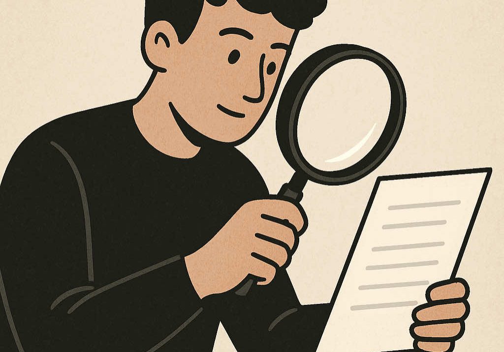 a man holding a magnifying glass and a piece of paper, reviewing content