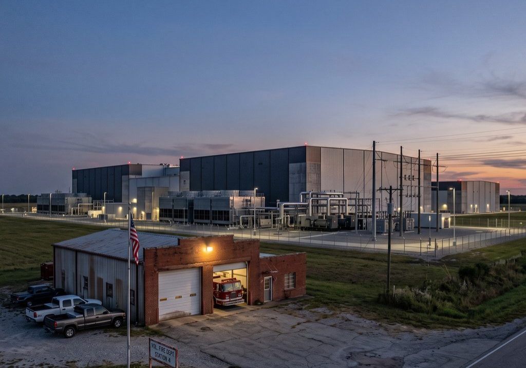 Small brick volunteer fire station at dusk beside a vast data center campus, local signals at the edge of big change