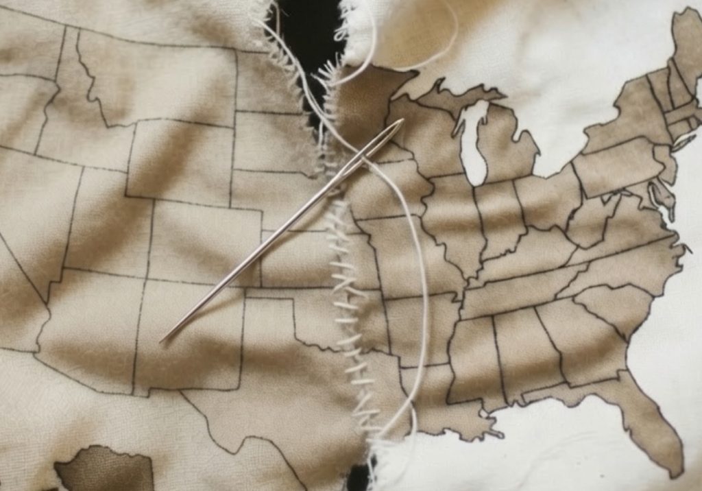 Feature image for the Netcentric Campaigns article about civic pollution and how purpose-built networks strengthen the links that hold civic life together. A fabric map with a tear held together by a repairing thread.