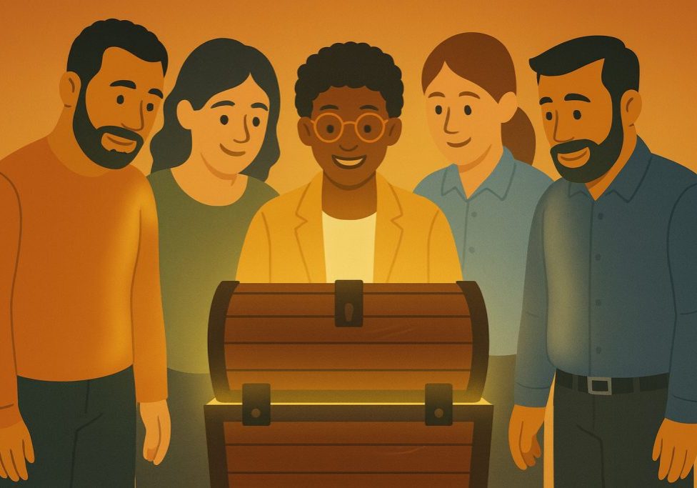 a group standing behind a treasure chest, finding hidden expertise